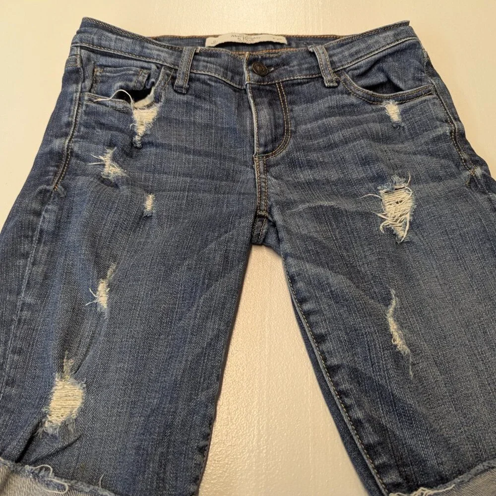 Abercrombie & Fitch Long Denim Distressed Shorts Cuffed Size 25 Low Rise